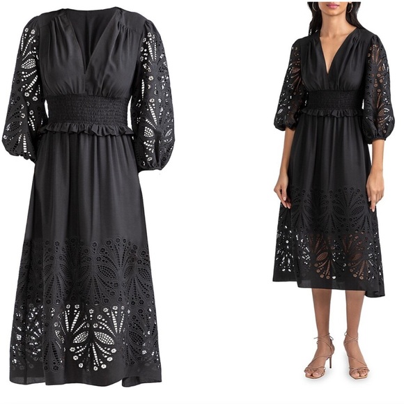 NWT Shoshanna Ari Laser Cut Midi Eyelet Dress Black Size 2 - Picture 16 of 16